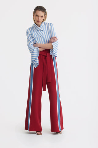 Satin Striped Blouse With Asymmetric Collar - Light Blue - Julia Allert