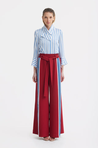 Satin Striped Blouse With Asymmetric Collar - Light Blue - Julia Allert