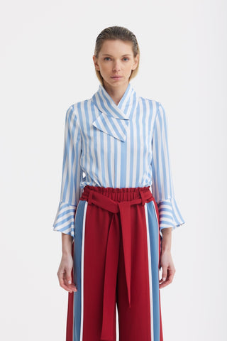Satin Striped Blouse With Asymmetric Collar - Light Blue - Julia Allert