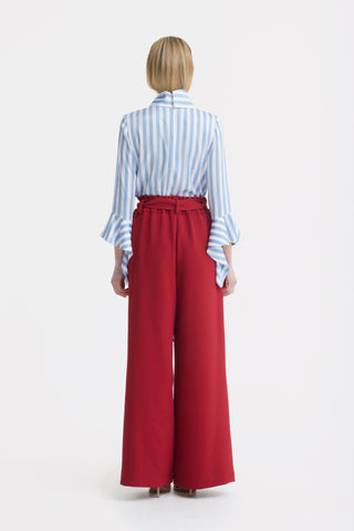 Satin Striped Blouse With Asymmetric Collar - Light Blue - Julia Allert