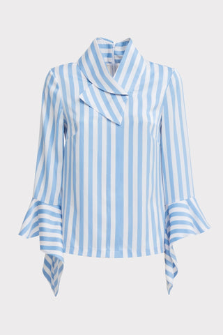 Satin Striped Blouse With Asymmetric Collar - Light Blue - Julia Allert