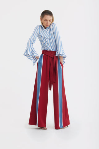 Satin Striped Blouse With Asymmetric Collar - Light Blue - Julia Allert