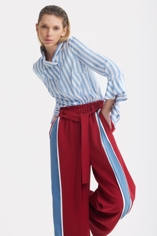 Satin Striped Blouse With Asymmetric Collar - Light Blue - Julia Allert