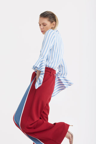 Satin Striped Blouse With Asymmetric Collar - Light Blue - Julia Allert