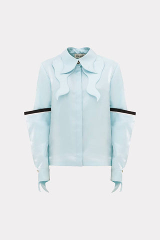 Sculpted Satin Blouse With Wave Collar – Light Blue