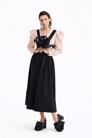 Sculpted V-Neck Blouse with Dramatic Sleeves - Pale Pink - Julia Allert