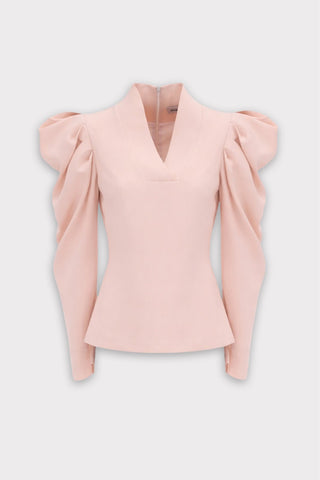 Sculpted V-Neck Blouse with Dramatic Sleeves - Pale Pink - Julia Allert