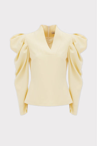 Sculpted V-Neck Blouse with Dramatic Sleeves - Pale Yellow - Julia Allert