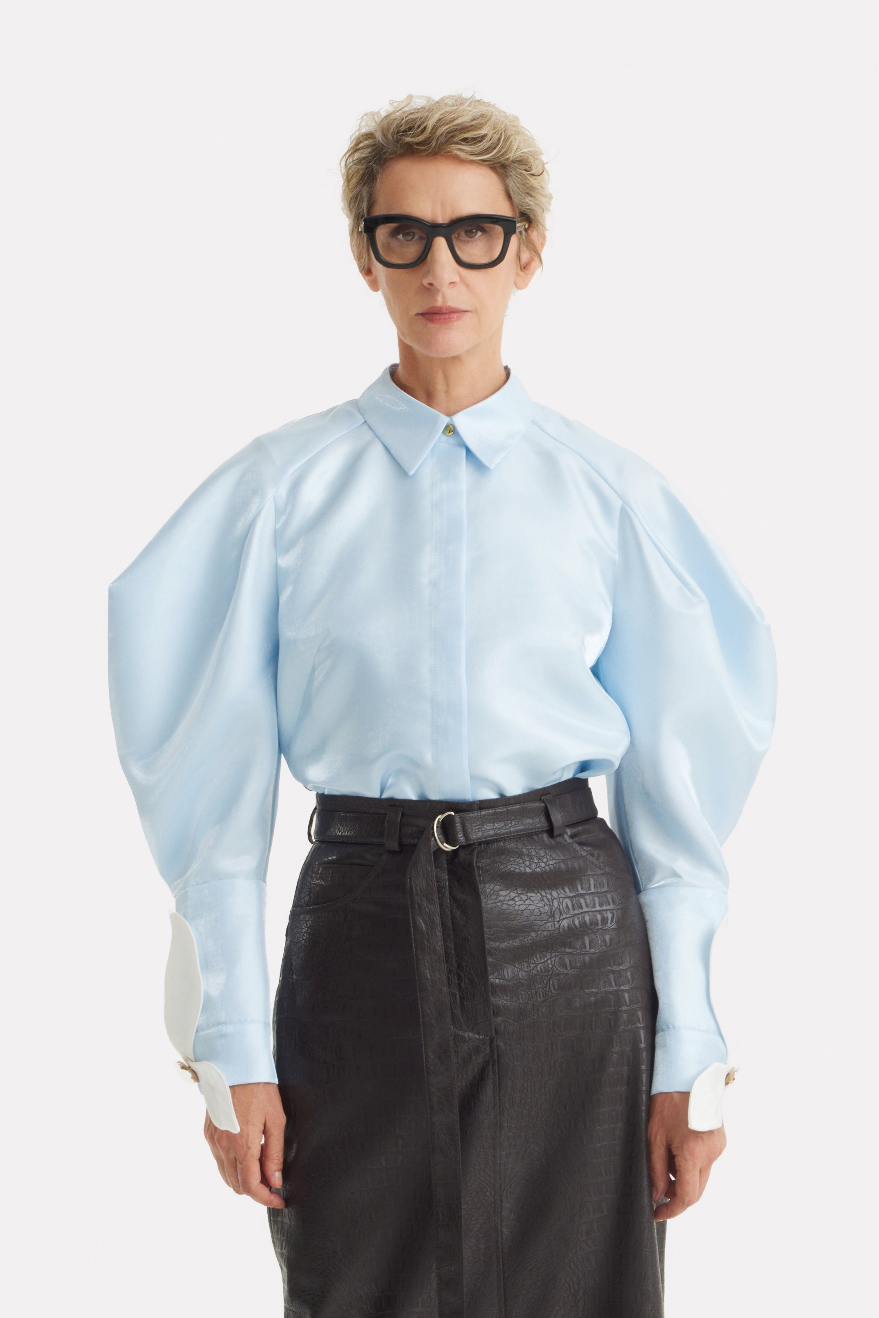 Romantic Silk Organza Blouse With Balloon Sleeves Light Blue XS Romantic Silk Organza Blouse With Balloon Sleeves Light Blue XS