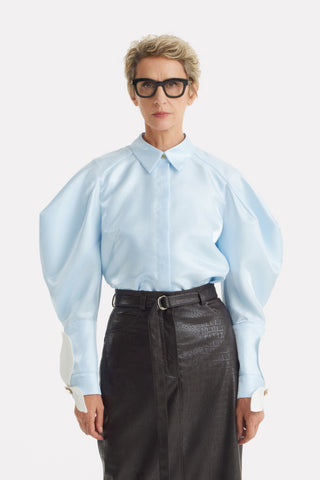 Sculptural Puff Sleeve Shirt with Contrast Cuffs – Sky Blue