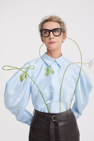 Sculptural Puff Sleeve Shirt with Contrast Cuffs – Sky Blue
