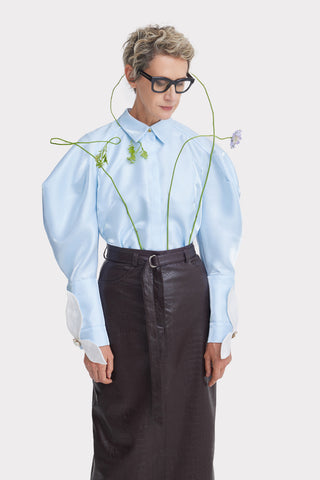 Sculptural Puff Sleeve Shirt with Contrast Cuffs – Sky Blue