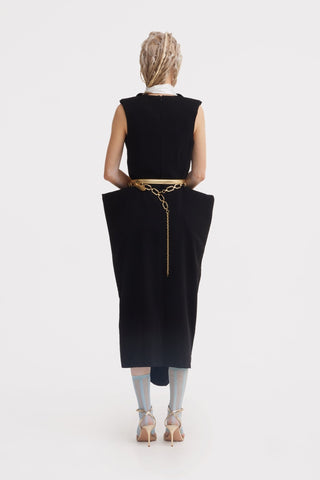 Sculptural Sleeveless V-Neck Midi Dress With Belt Black - Julia Allert