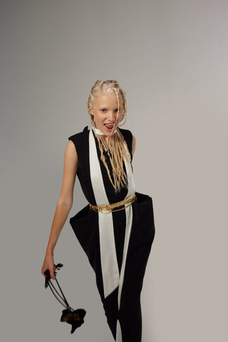 Sculptural Sleeveless V-Neck Midi Dress With Belt Black - Julia Allert