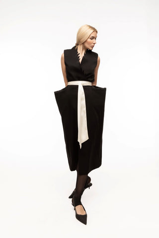 Sculptural Sleeveless V-Neck Midi Dress With Belt Black - Julia Allert