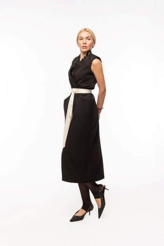 Sculptural Sleeveless V-Neck Midi Dress With Belt Black - Julia Allert