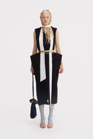 Sculptural Sleeveless V-Neck Midi Dress With Belt Black - Julia Allert