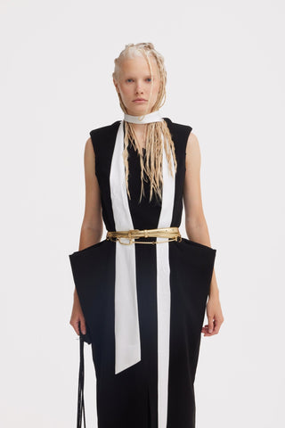 Sculptural Sleeveless V-Neck Midi Dress With Belt Black - Julia Allert