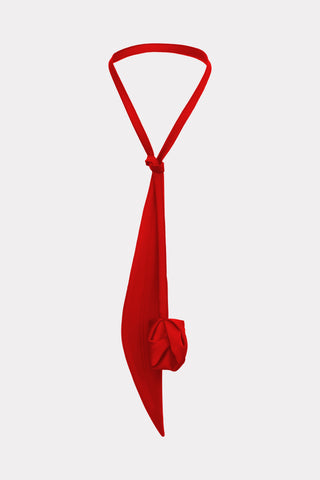 Sculptural Tie Accessory with Fabric Rosette – Red