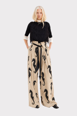 Light Beige Seahorse Print Wide Leg Trousers With Belt – Capsule Edition