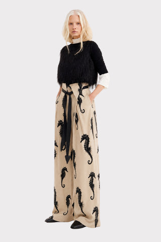 Light Beige Seahorse Print Wide Leg Trousers With Belt – Capsule Edition