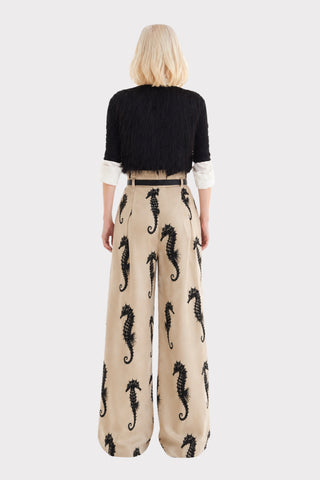 Light Beige Seahorse Print Wide Leg Trousers With Belt – Capsule Edition