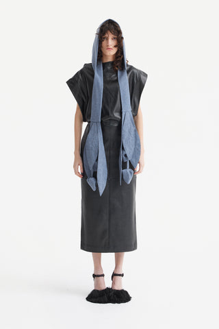 Self-Tie Double Knit Wool Hooded Scarf - Dusty Navy