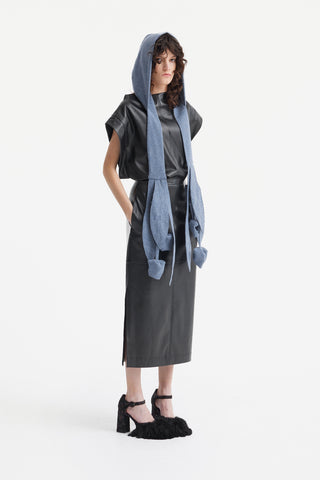 Self-Tie Double Knit Wool Hooded Scarf - Dusty Navy
