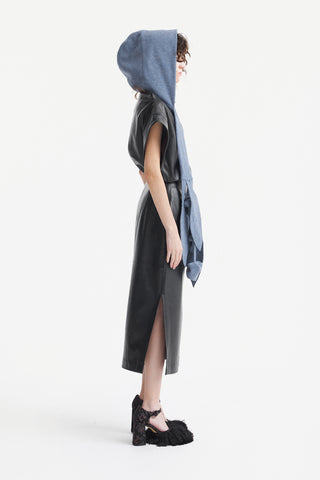 Self-Tie Double Knit Wool Hooded Scarf - Dusty Navy