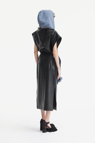 Self-Tie Double Knit Wool Hooded Scarf - Dusty Navy