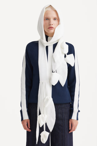 Self-Tie Double Knit Wool Hooded Scarf - Ivory