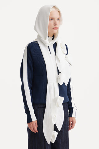 Self-Tie Double Knit Wool Hooded Scarf - Ivory