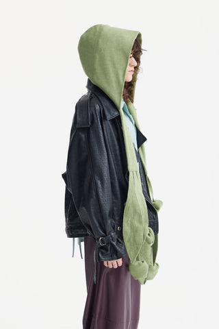 Self-Tie Double Knit Wool Hooded Scarf - Olive Green - Julia Allert