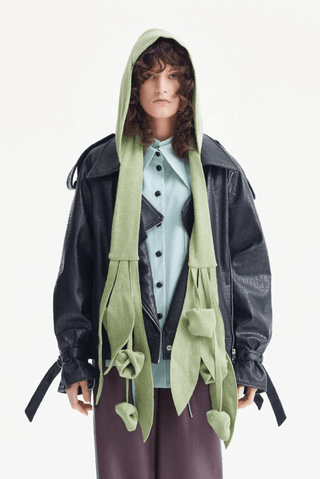 Self-Tie Double Knit Wool Hooded Scarf - Olive Green - Julia Allert