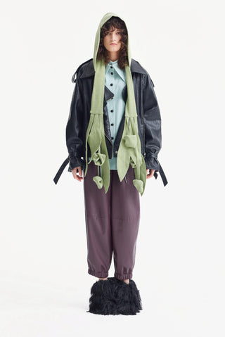 Self-Tie Double Knit Wool Hooded Scarf - Olive Green