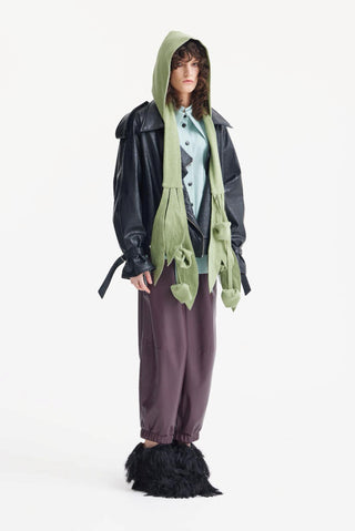 Self-Tie Double Knit Wool Hooded Scarf - Olive Green