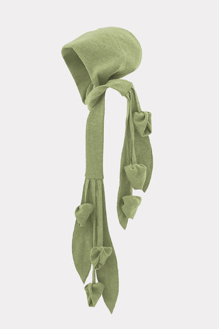 Self-Tie Double Knit Wool Hooded Scarf - Olive Green