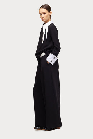 Wide-Leg Black Trousers With Contrasting Waistband White