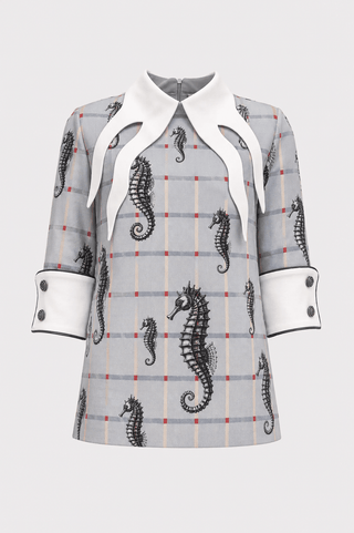 Semi-Formal Pale Blue Seahorse Blouse Grid Print With Double Contrasting Details - Capsule Edition - Julia Allert