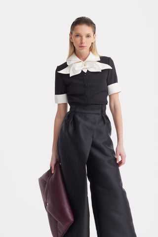 Short Sleeve Formal Bow Blouse - Black - Julia Allert