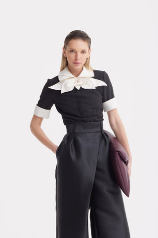 Short Sleeve Formal Bow Blouse - Black - Julia Allert
