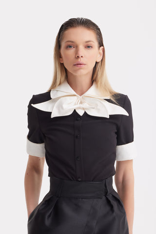 Short Sleeve Formal Bow Blouse - Black