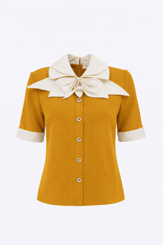 Short Sleeve Formal Bow Blouse - Mustard - Julia Allert