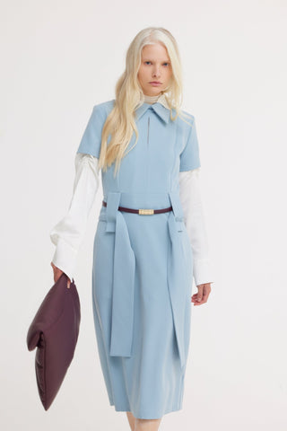 Short Sleeve Midi Dress With Belt - Light Blue - Julia Allert
