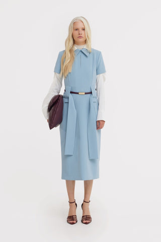 Short Sleeve Midi Dress With Belt - Light Blue - Julia Allert