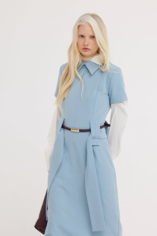 Short Sleeve Midi Dress With Belt - Light Blue - Julia Allert