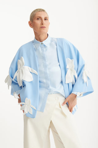 Romantic Silk Organza Blouse With Balloon Sleeves – Light Blue