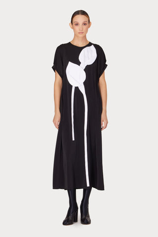 Silky Touch Midi Black Dress With Floral Detail - Julia Allert