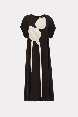 Silky Touch Midi Black Dress With Floral Detail - Julia Allert