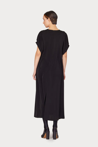 Silky Touch Midi Black Dress With Floral Detail - Julia Allert